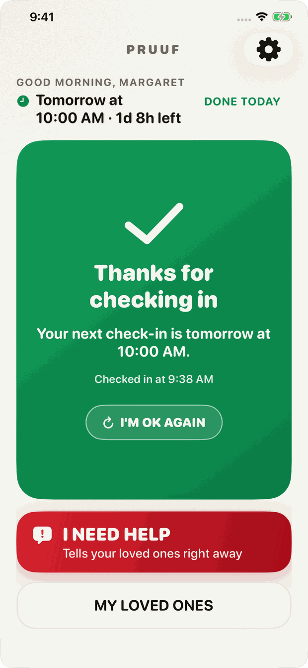 Pruuf on iPhone, showing the confirmation after checking in.