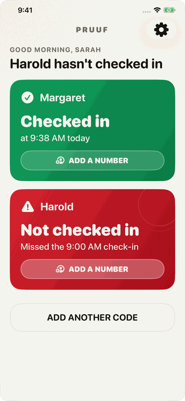 The family view on an iPhone, showing one person checked in and one who has not.
