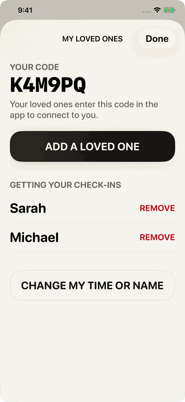 The My Loved Ones screen, showing the six-character invite code and who is connected.
